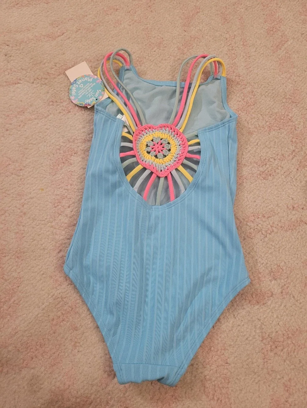 Light Blue Ribbed One-Piece Swimsuit with Multicolor Straps 6X